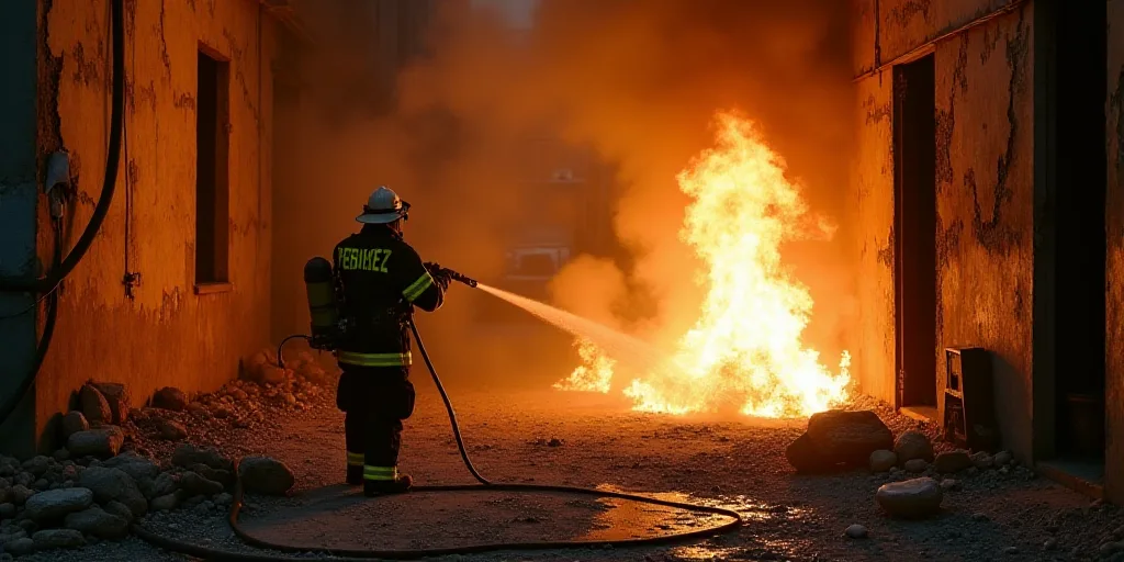 a firefighter is using a hose to extinguish a fire in a destroyed building that has been gutted, Dav