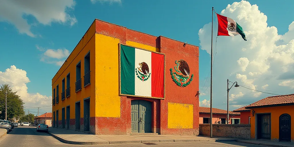 a flag and a coat of arms on a building with a sign on it that says mexico and a flag with a coat of
