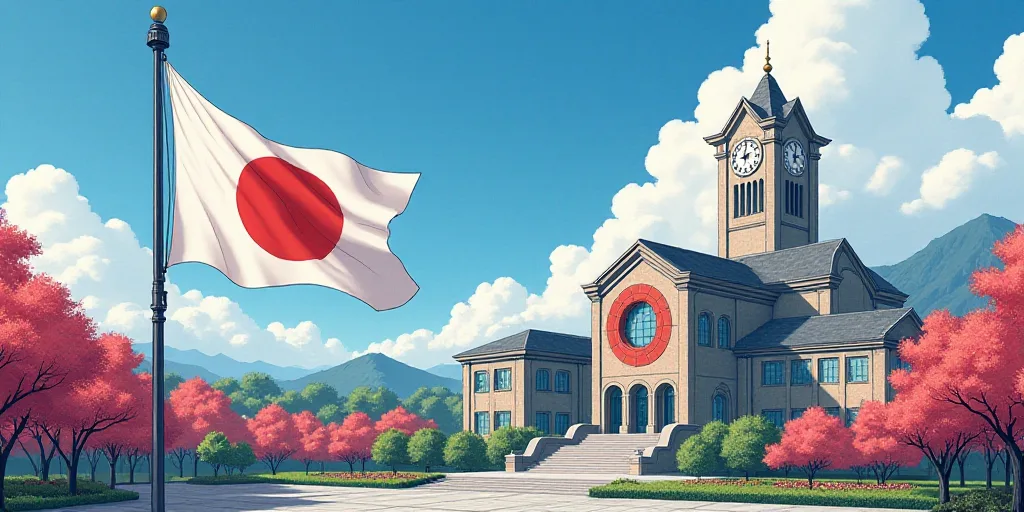 a flag flying in front of a building with a clock tower in the background and a large building with