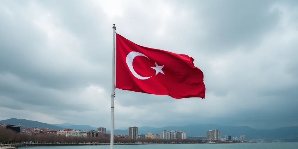 a flag flying in the wind over a body of water with buildings in the background and cloudy skies abo
