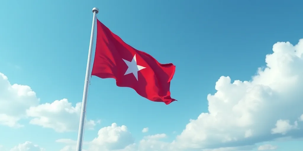 a flag flying in the wind with a blue sky in the background with clouds in the sky and a white star