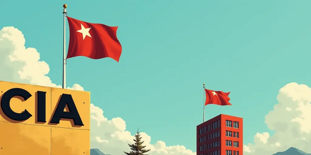 a flag flying on top of a building next to a sign that reads cia and a flag on top of a building, Da