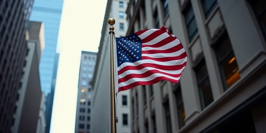 a flag is flying on the corner of a building in new york city, usa, on a flagpole, Andries Stock, sh