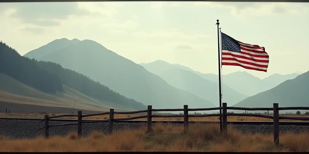 a flag is on a pole near a fence and a mountain range in the background with a train track, Americo