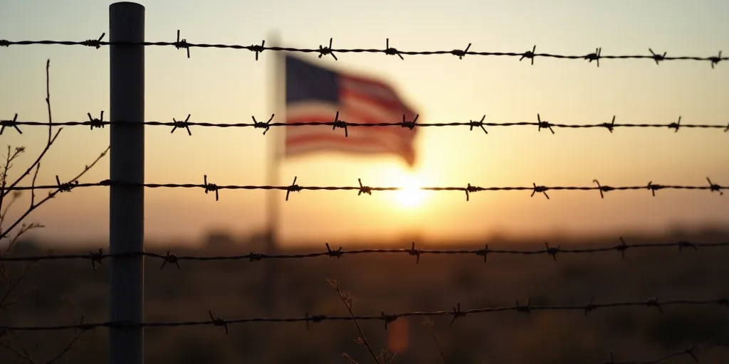 a flag is seen through a barbed wire fence with a pole in the background and a flag in the foregroun