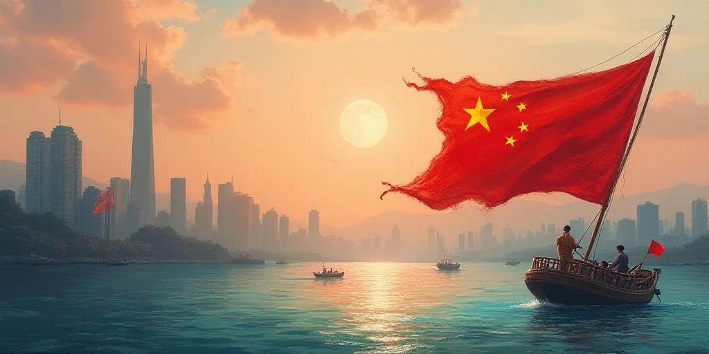 a flag with a city in the background in the foreground of a body of water with boats in the foregrou