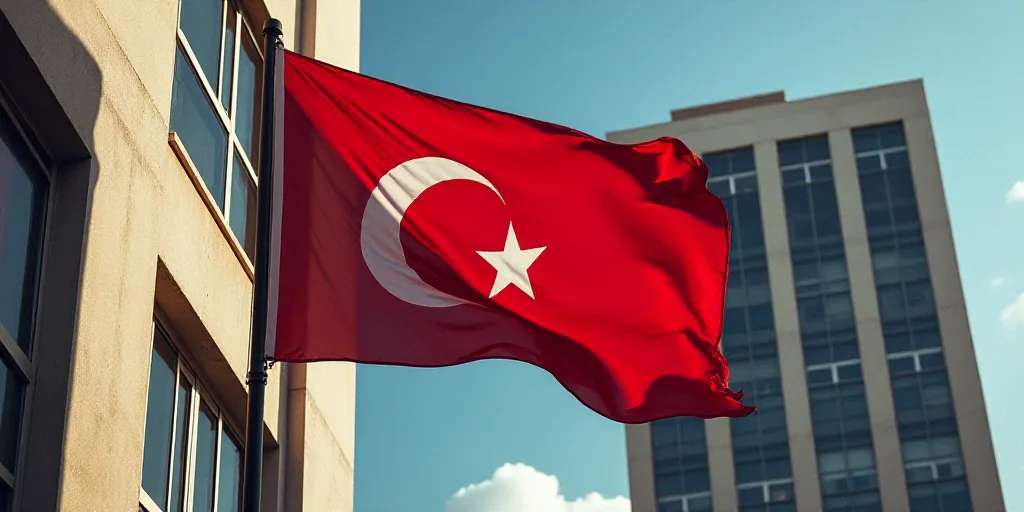 a flag with a star and a crescent on it flying in front of a tall building with windows in the backg