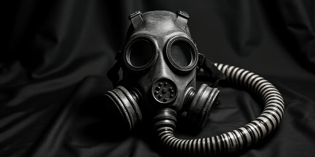 a gas mask and a black and white striped tube on a black cloth background with a black and white str