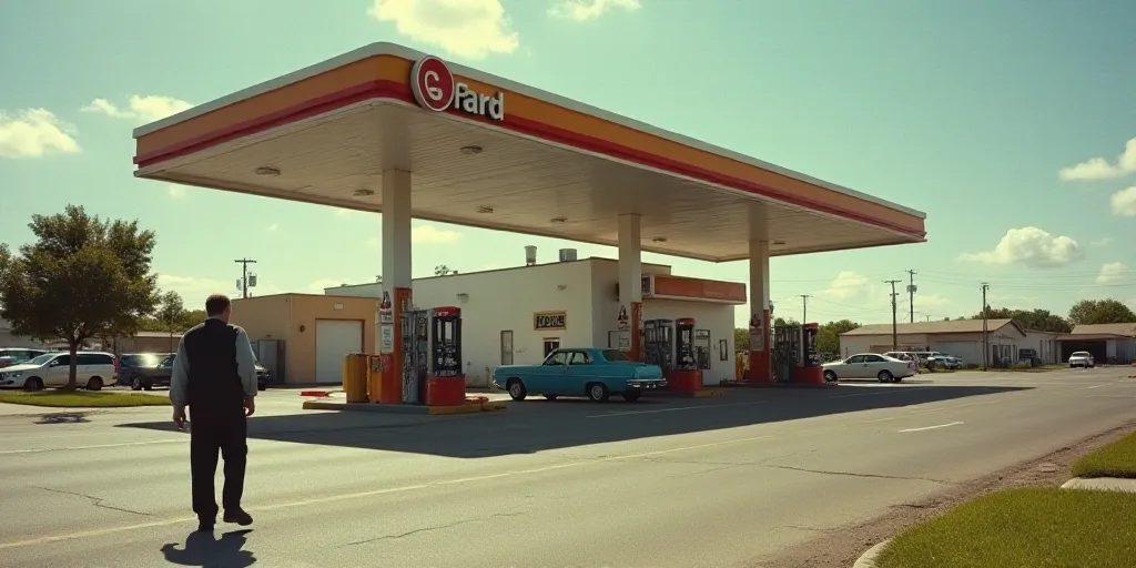 a gas station with cars parked on the side of the road and a man walking down the street in front of