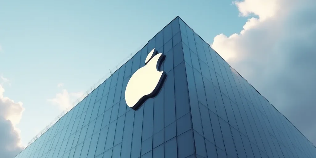 a glass building with a large apple logo on it's side and a cloudy sky behind it in the background,