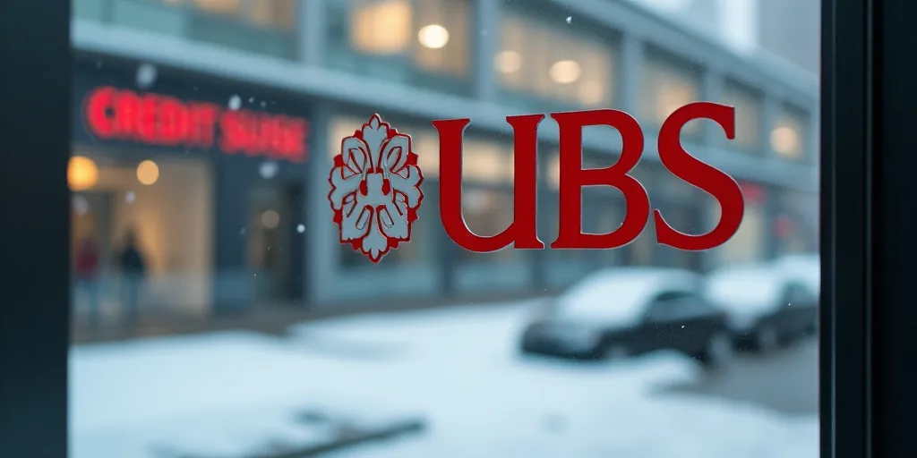 a glass window with a sign that reads ubs credit suise and a building in the background with snow on