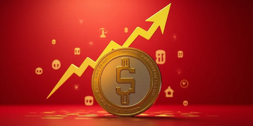 a gold and silver coin with an arrow pointing up on a red background with numbers and symbols in the
