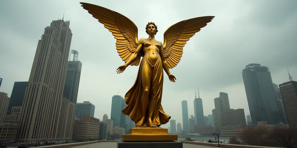 a golden statue of an angel in a city with tall buildings in the background and a cloudy sky in the