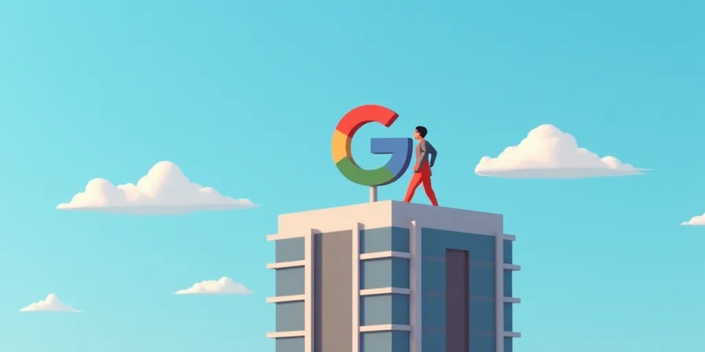 a google sign is shown on top of a building with a blue sky in the background and a few clouds in th
