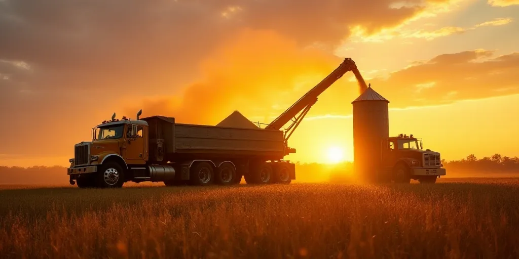 a grain mill pouring grain into a large truck bed in a field at sunset or sunrise time, with a grain