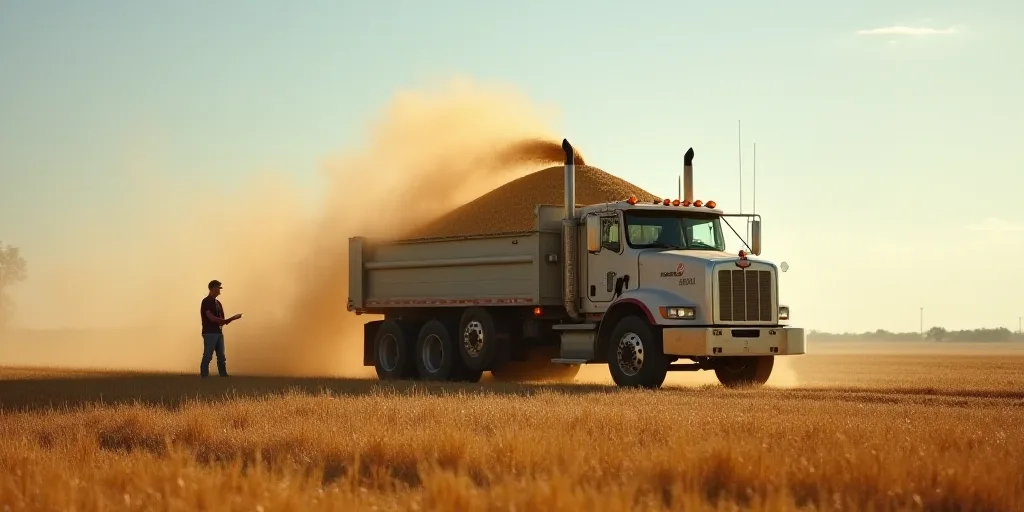 a grain truck is dumping grain into a truck bed on a farm field in the country side, with a man in t