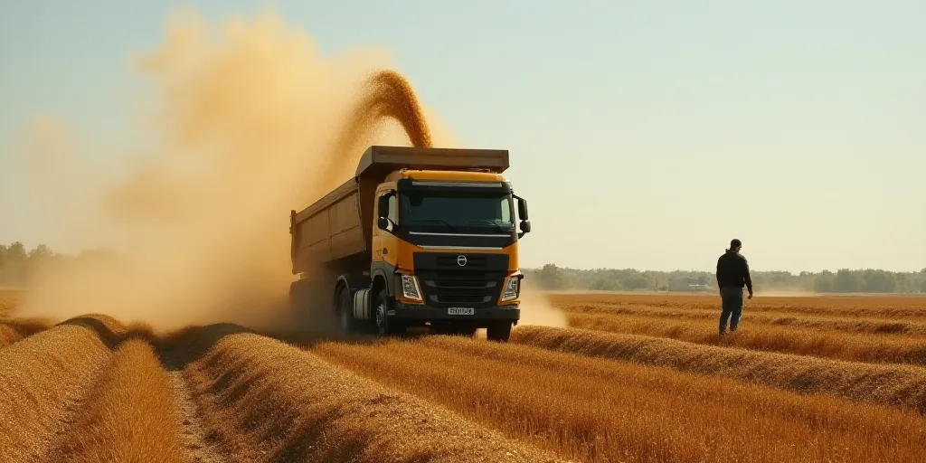 a grain truck is dumping grain into a truck bed on a farm field in the country side, with a man in t