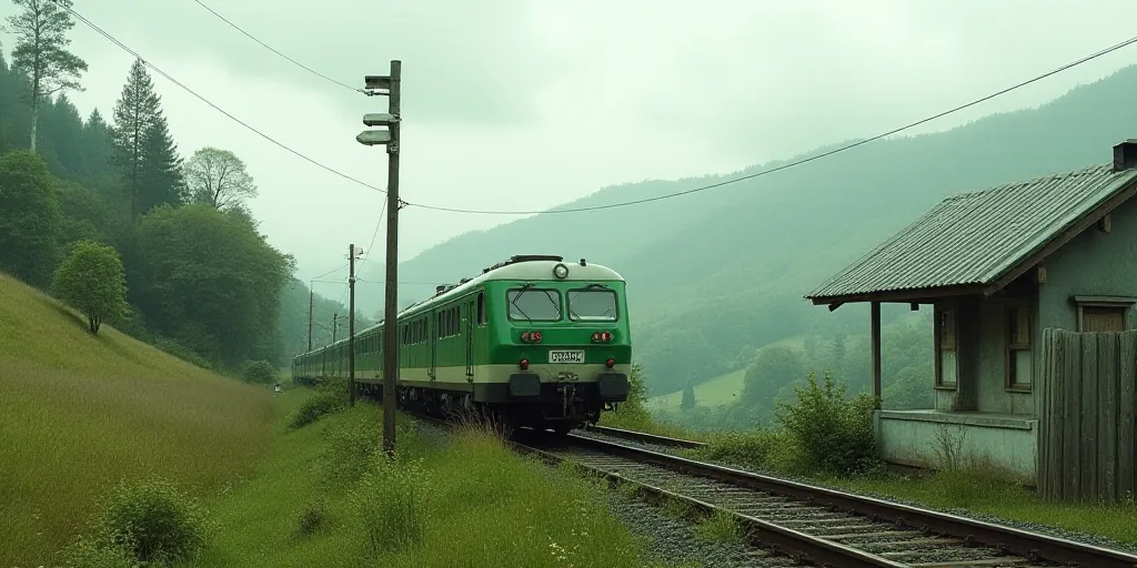 a green and white train traveling past a train station next to a hill of grass and trees on a cloudy