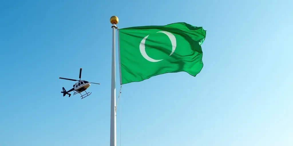 a green flag flying in the air with a helicopter nearby on a clear day with a blue sky behind it, Ah