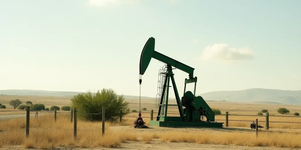 a green oil pump sitting in a field next to a fence and a dirt field with a few bushes, Clyfford Sti