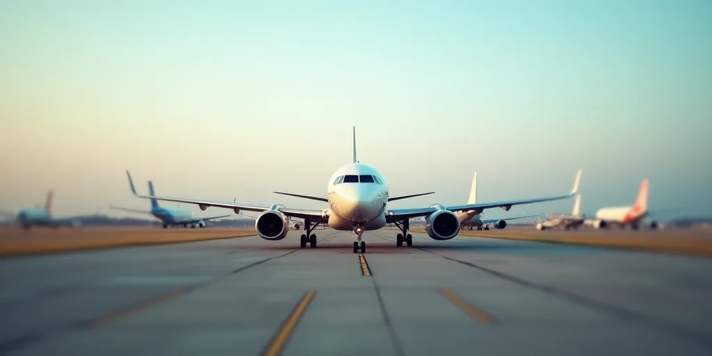 a group of airplanes parked on a runway at an airport with a sky background and a few other planes,