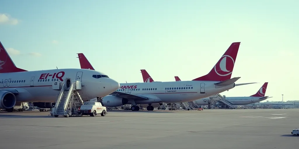 a group of airplanes parked on a runway at an airport with stairs leading up to them and a ladder le