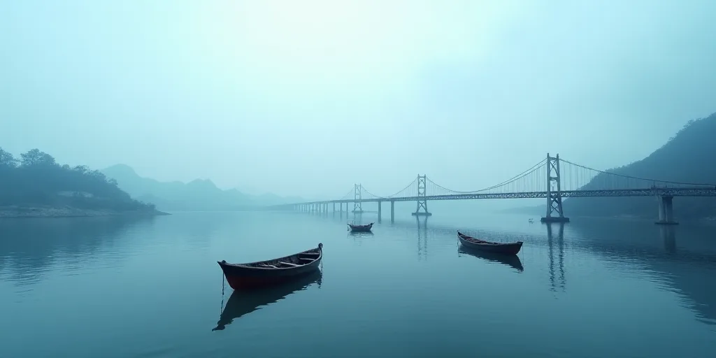 a group of boats floating on top of a body of water next to a bridge under construction on a cloudy