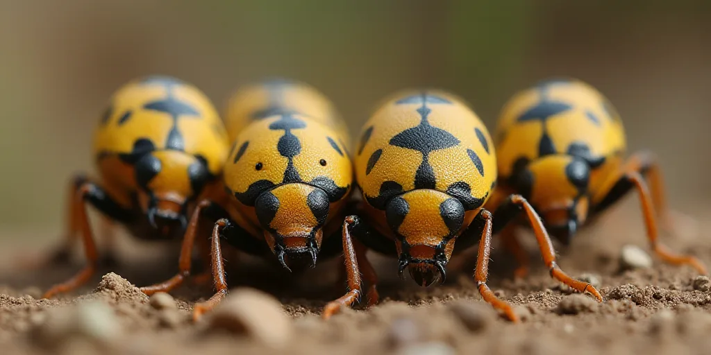 a group of bugs that are standing together in the dirt together, with black dots on the wings and th