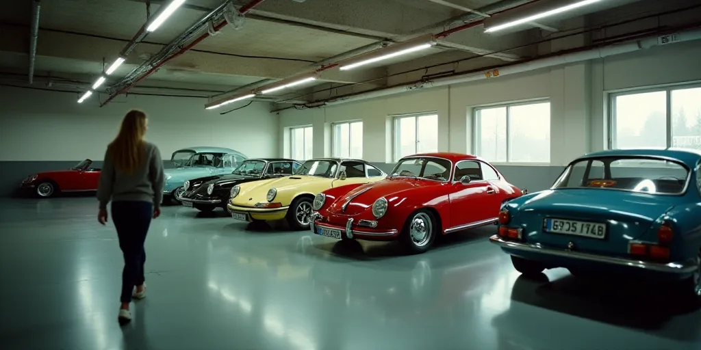 a group of cars parked in a garage next to each other in a building with a woman walking by, Artur G