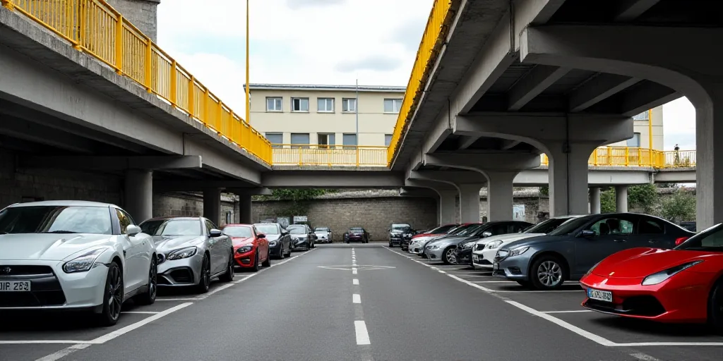 a group of cars parked under a bridge in a parking lot next to a building with a yellow railing, Cef