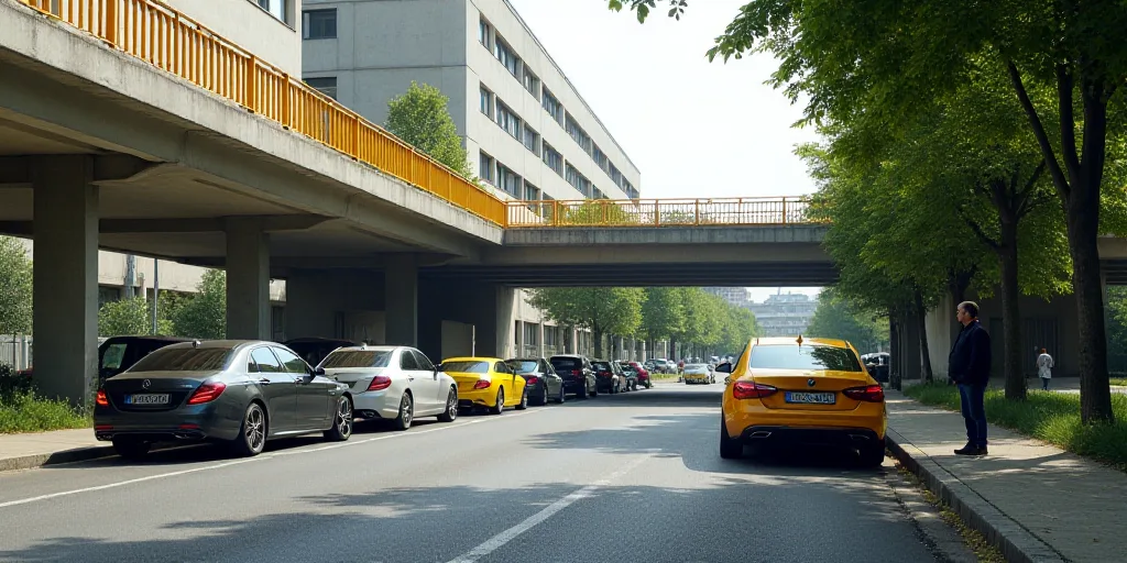 a group of cars parked under a bridge near a building with a yellow railing on top of it and a man s