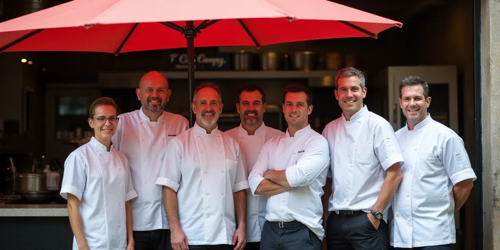 a group of chefs standing under an umbrella in a kitchen area of a restaurant with a sign in the bac