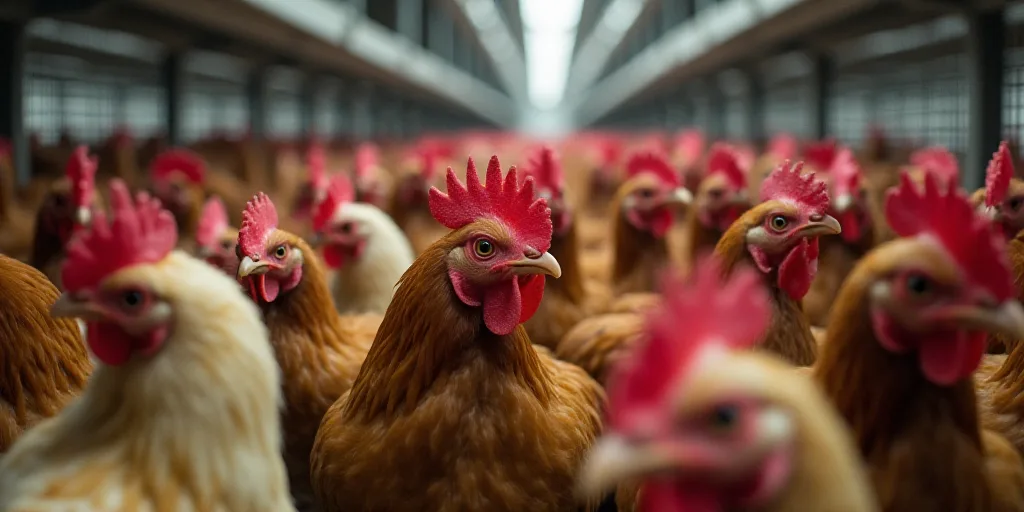 a group of chickens in cages with red heads and white heads, all lined up in rows, all looking at th