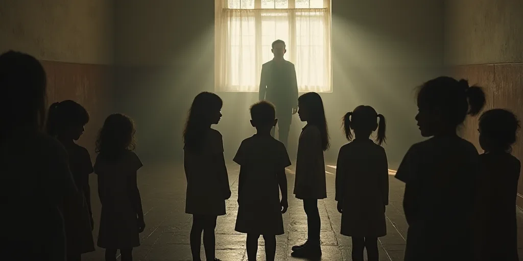 a group of children standing around each other in a room with a woman standing behind them and a man