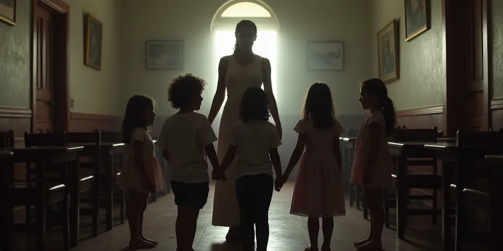 a group of children standing around each other in a room with a woman standing behind them and a man