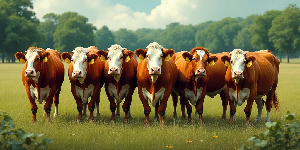 a group of cows standing next to each other on a field of grass and trees in the background, with a
