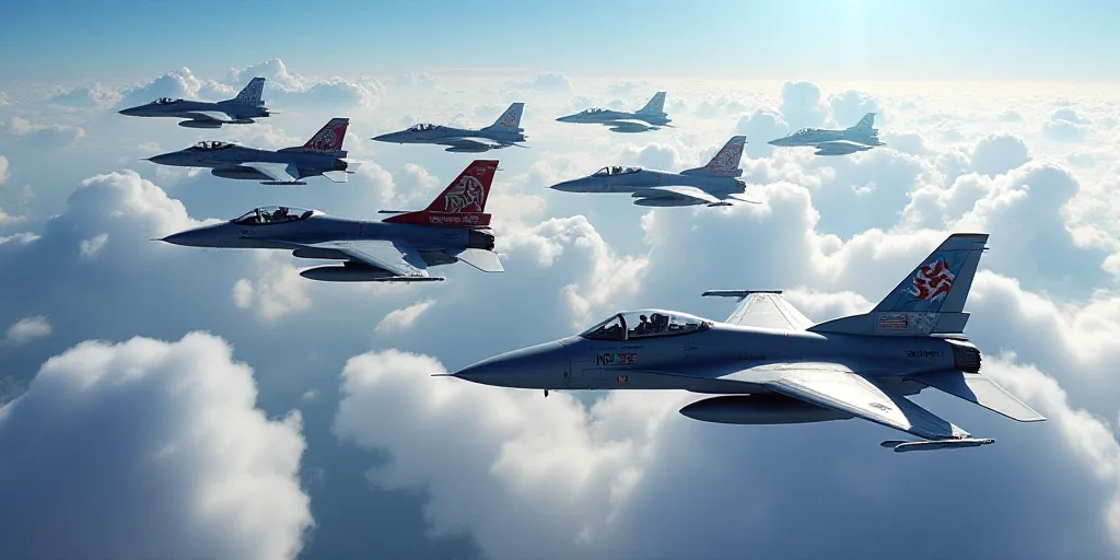 a group of fighter jets flying in formation over a flag with a sky background and clouds in the back