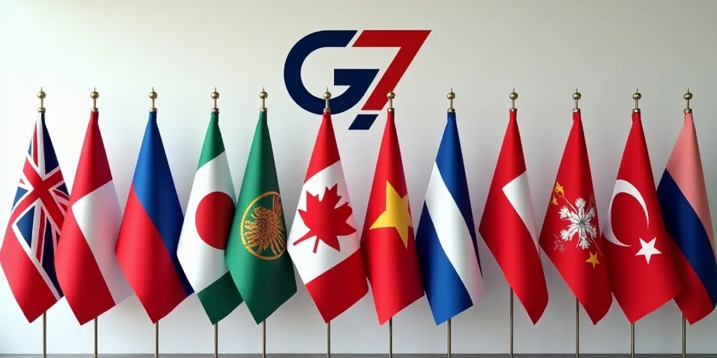 a group of flags are lined up in a row in front of a wall with the g7 logo, Art & Language, official