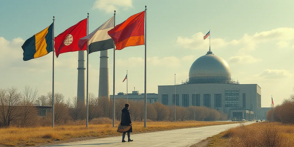 a group of flags flying in front of a factory building with a dome in the background and a person wa