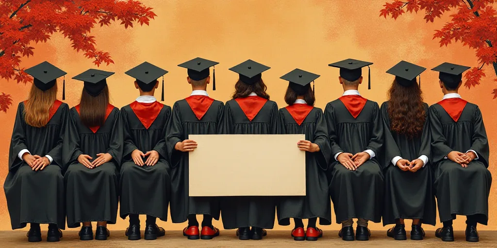 a group of graduates sitting in a row holding a sign and taking pictures of them in graduation caps