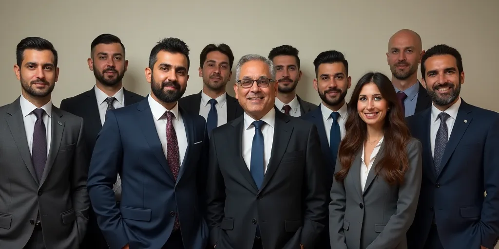 a group of men and women in business attire posing for a picture together with a man in a suit, Ahme