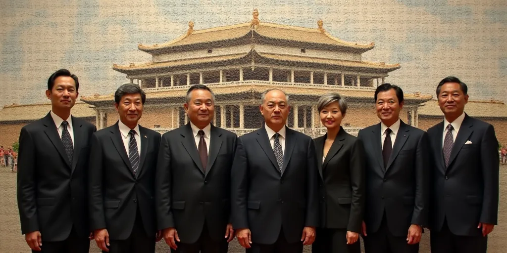 a group of men and women in suits and ties standing in front of a wall with a painting of a building