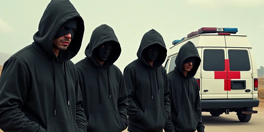 a group of men in black hoodies and a white van with a red cross on it and a red cross on the back,