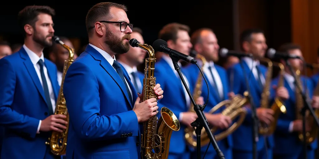 a group of men in blue suits and ties playing instruments and singing into microphones in front of a