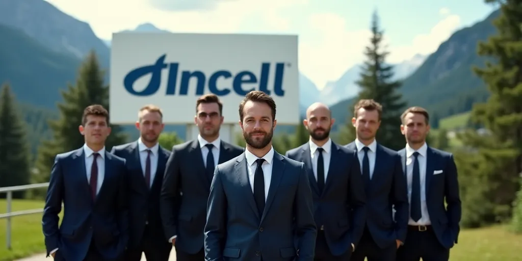 a group of men in suits and ties standing in front of a sign with mountains in the background and tr