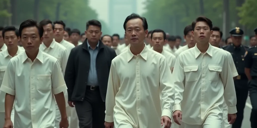 a group of men in white uniforms are walking in a line with police in the background and a man in a