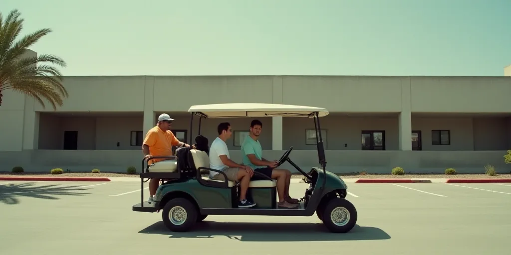 a group of men riding on the back of a golf cart in a parking lot next to a building, Federico Uribe