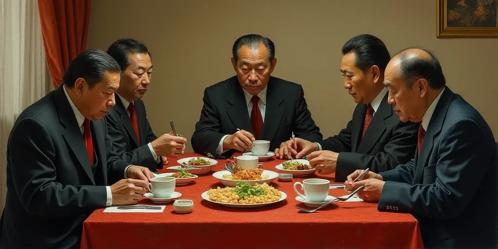 a group of men sitting around a table eating food and drinking coffee and talking to each other in a