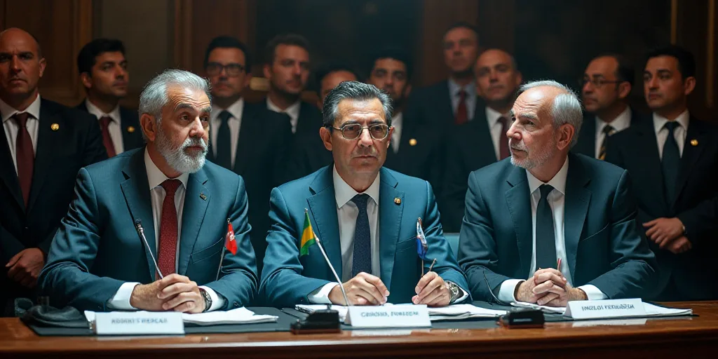 a group of men sitting at a table with flags on them and a microphone in front of them with people s