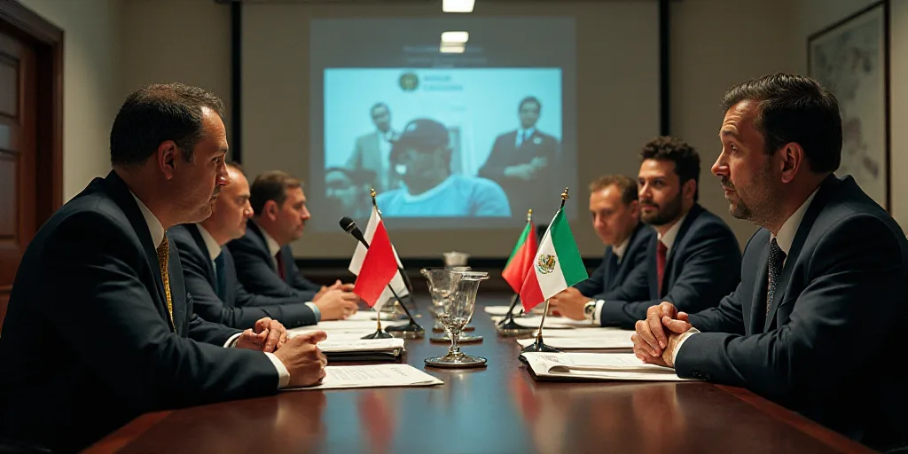 a group of men sitting at a table with flags on it and a microphone in front of them,, Carlos Franci